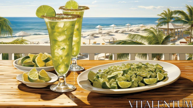 Refreshing Green Cocktail with Lime Slices on Beach Background AI Image