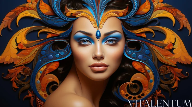 AI ART Serene Woman Portrait with Blue and Gold Headdress