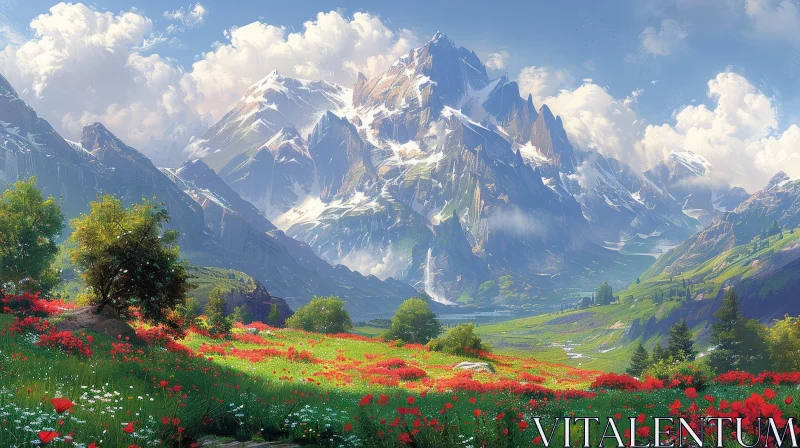Tranquil Mountain Landscape with Waterfall and Meadow AI Image