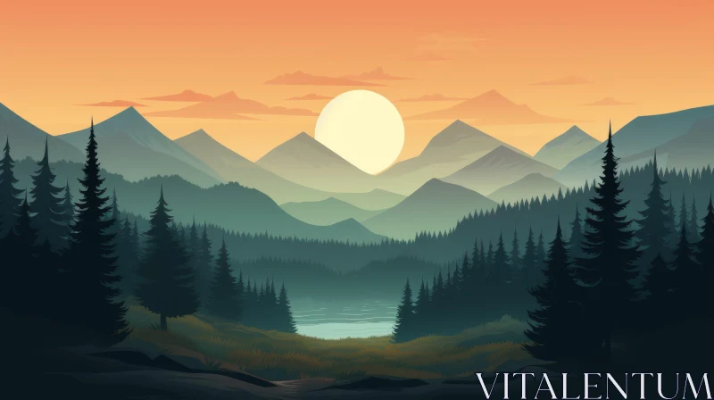 AI ART Tranquil Mountain Sunset Landscape