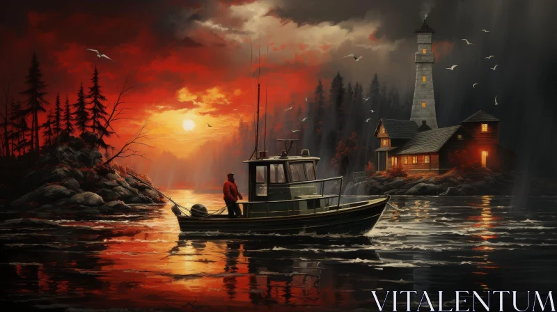 Tranquil Sunset Lake Boat Painting AI Image