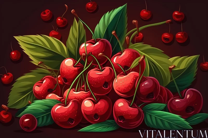 Vibrant Cherries and Leaf Illustration on Dark Background AI Image