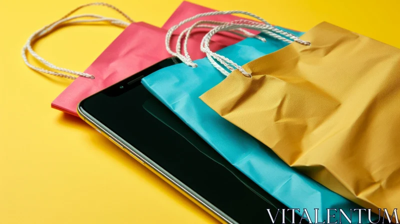 Vibrant Yellow Background with Black Smartphone and Open Paper Shopping Bags AI Image