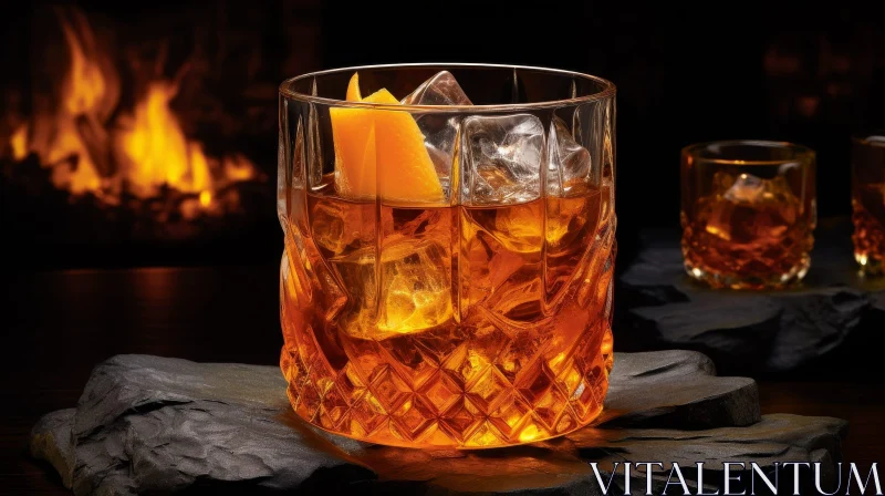 Whiskey Glass on Rocks by Fireplace AI Image