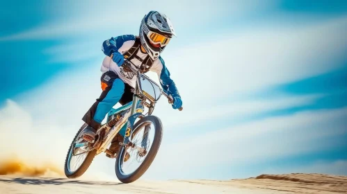 Young Male Cyclist Mountain Biking Downhill with Blue Sky Background
