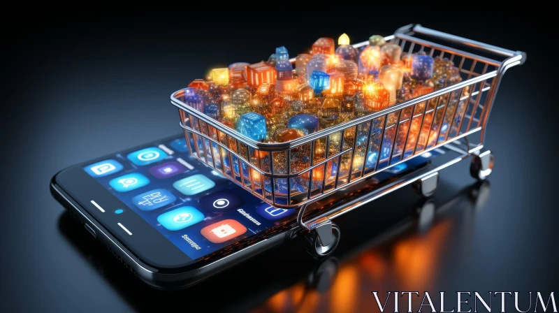 3D Rendering: Shopping Cart on Smartphone Screen AI Image