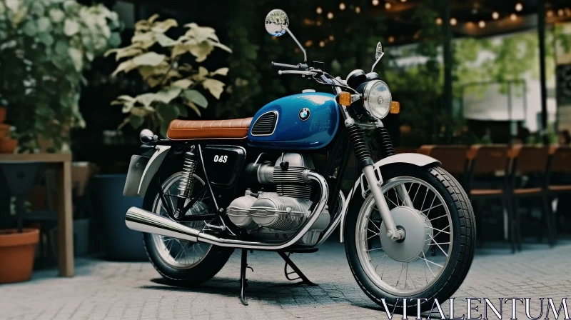 Vintage Blue BMW R60/5 Motorcycle in City Street AI Image