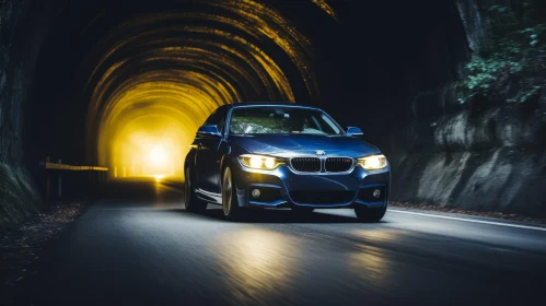 Blue BMW Car Driving Through Dark Tunnel