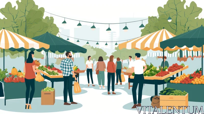 Bustling Farmer's Market Illustration in a Park AI Image