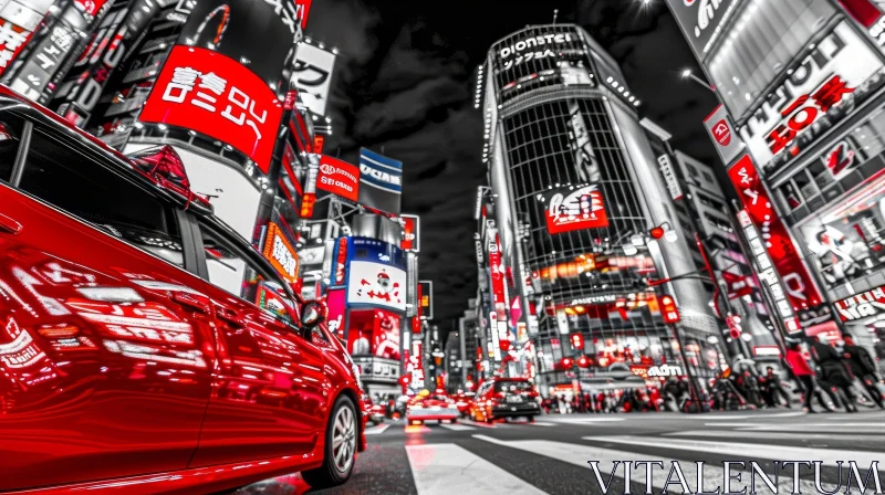 City Night Scene with Red Sports Car AI Image