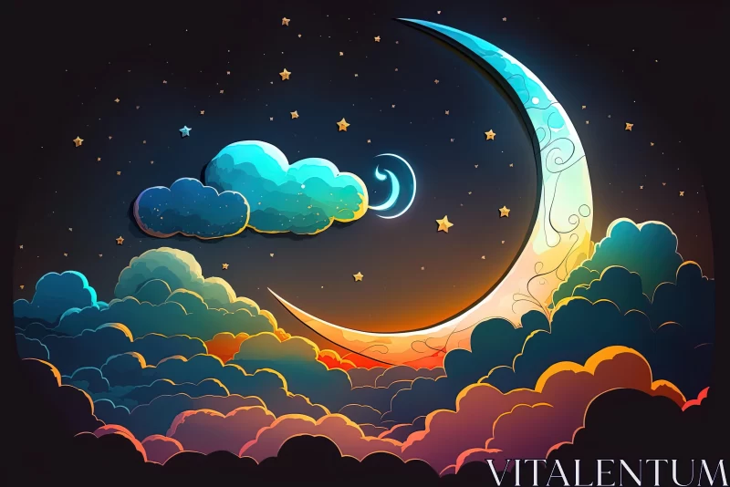 Colorful Cartoon Nightmares: Crescent, Clouds, and Star in the Sky AI Image