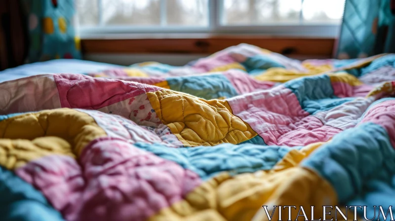 Colorful Patchwork Quilt on Bed | Unique Fabric Patterns AI Image
