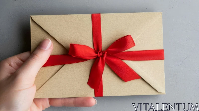 Elegant Hand Holding Gold Envelope with Red Ribbon and Bow AI Image