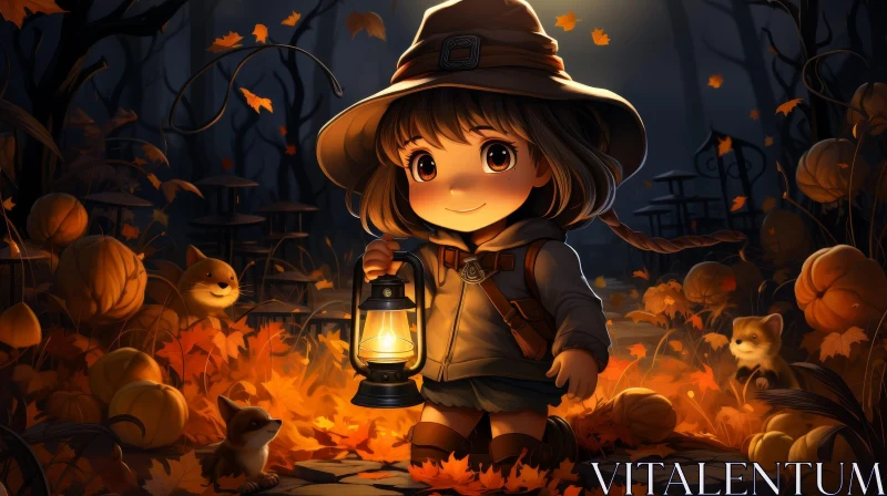 Enchanting Autumn Forest Scene with Girl in Witch Hat and Lantern AI Image