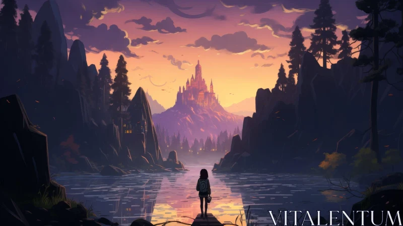 Enchanting Fantasy Landscape with Castle and Girl AI Image