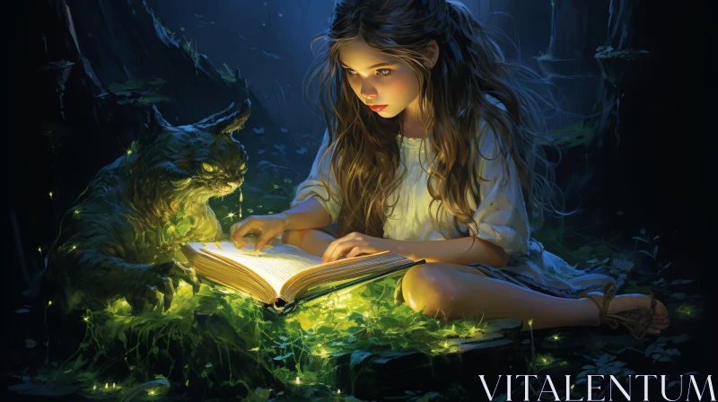 Enchanting Forest Girl Reading Book AI Image