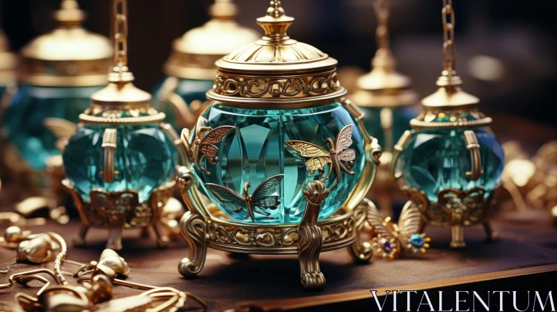 AI ART Golden Decorative Jar with Butterflies and Blue Liquid
