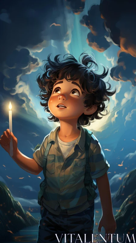 Hopeful Boy with Candle in Dark Painting AI Image