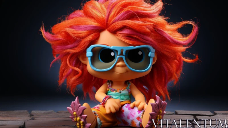 AI ART Joyful Doll 3D Rendering with Orange Hair and Blue Sunglasses