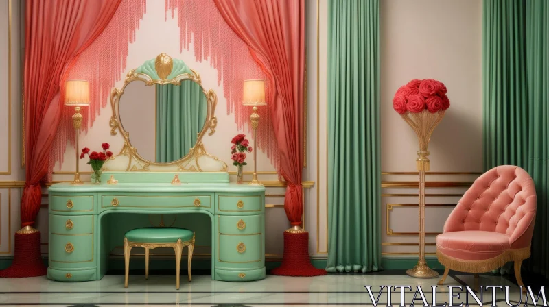 AI ART Luxurious Green and Pink Dressing Room