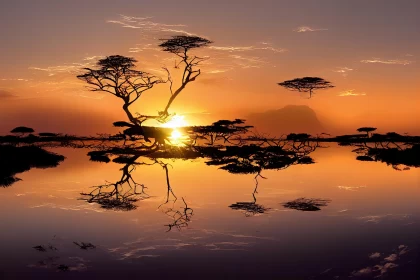 Mesmerizing Sunrise with Trees in Water | African Patterns | Sci-Fi Landscapes