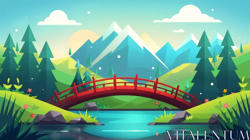 AI ART Serene Landscape Illustration with Mountain Range and River Bridge