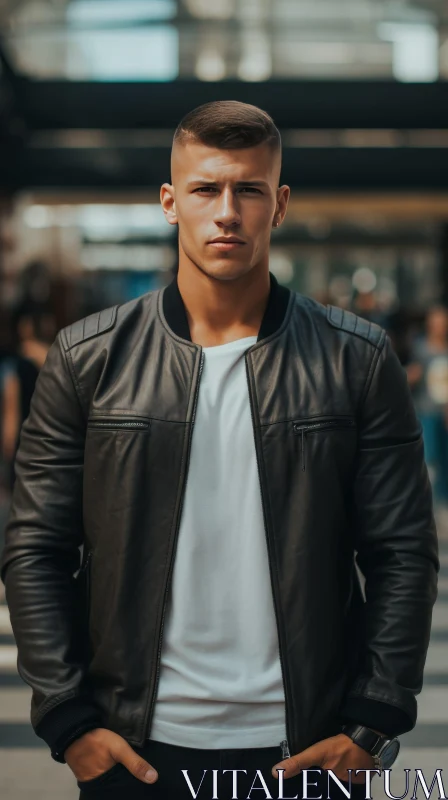 Serious Young Man in White T-Shirt and Leather Jacket on Busy Street AI Image