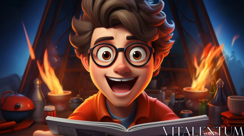 Surprised Young Boy Cartoon with Flames in Dark Room AI Image