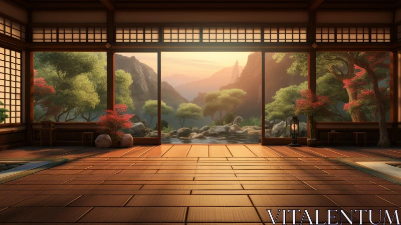 Tranquil Japanese Garden Landscape with Mountain View AI Image