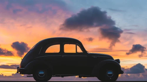Vintage Black Car at Sunset on Road