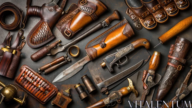Vintage Hunting Equipment and Weapons Flat Lay AI Image