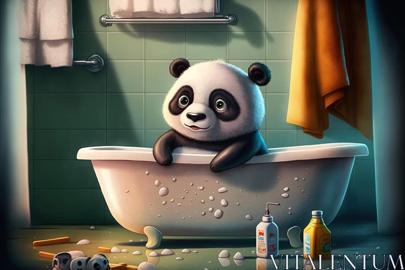 Whimsical Panda in Bathtub: Playful and Detailed Illustration AI Image