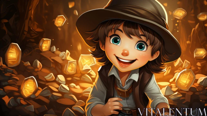 Adventurous Young Boy in Cave with Treasure AI Image