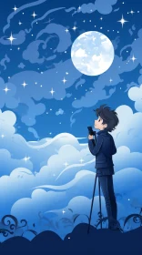 Boy Stargazing Cartoon Illustration | Dreamy Night Sky Art