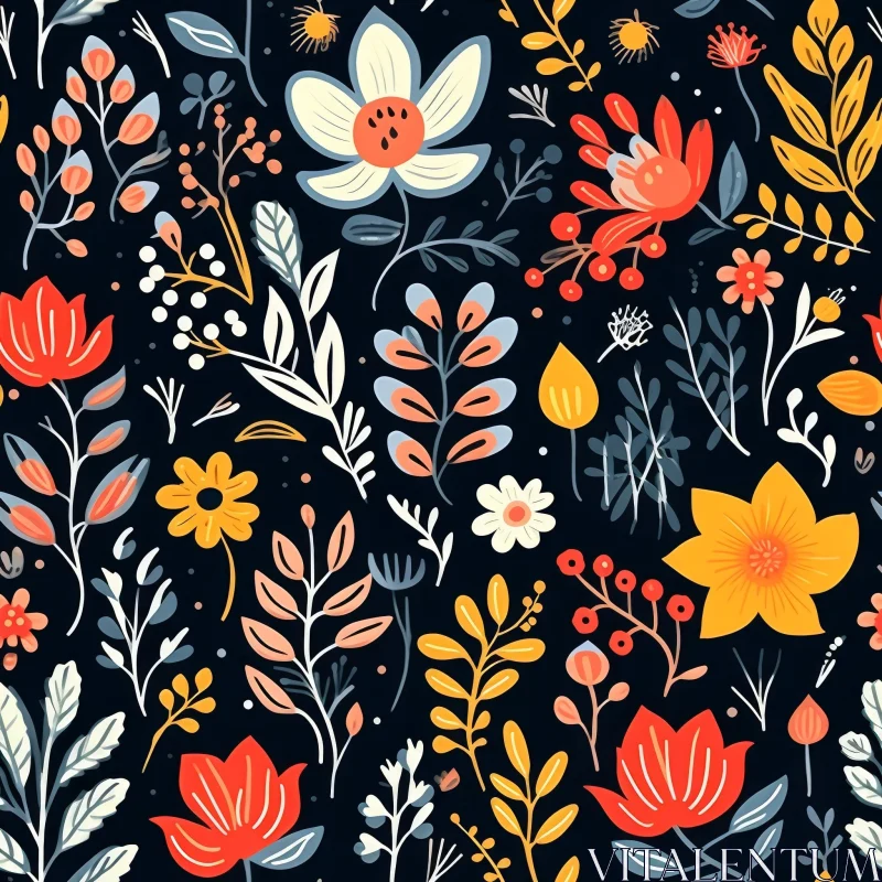 Cheerful Floral Pattern on Dark Blue Background AI Image