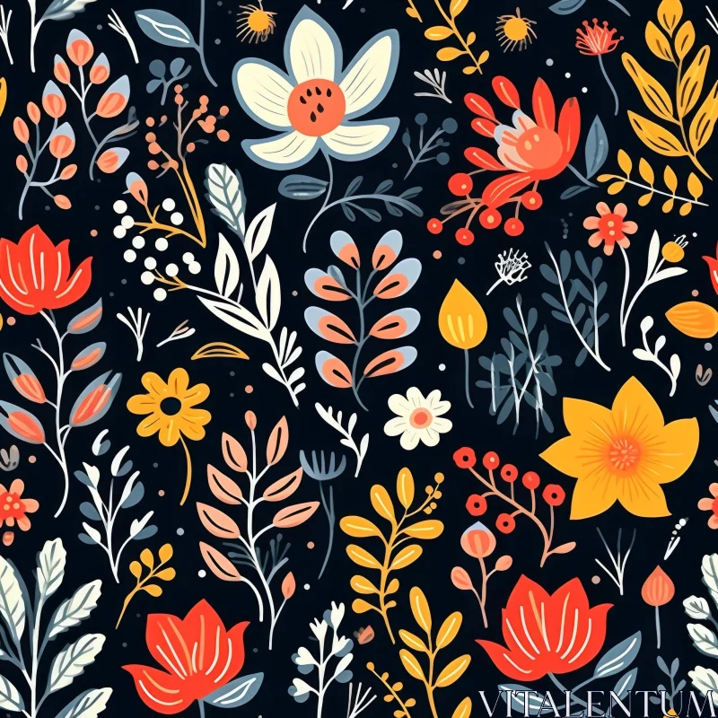 Cheerful Floral Pattern on Dark Blue Background