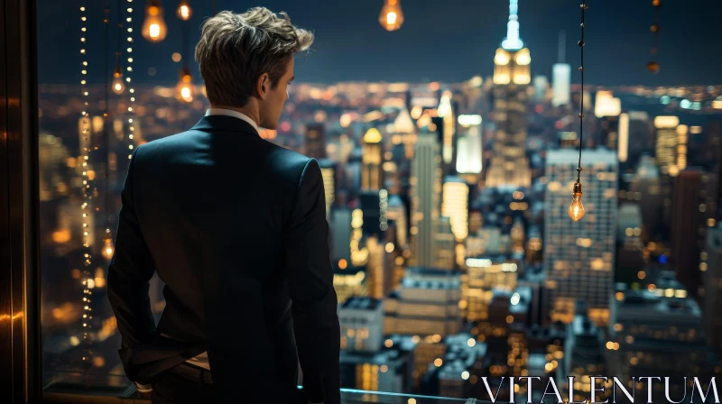 Cityscape Night View: Man on Rooftop in Dark Suit AI Image