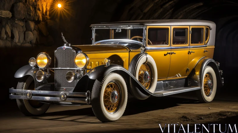 Classic Yellow Packard Automobile in Dark Tunnel AI Image