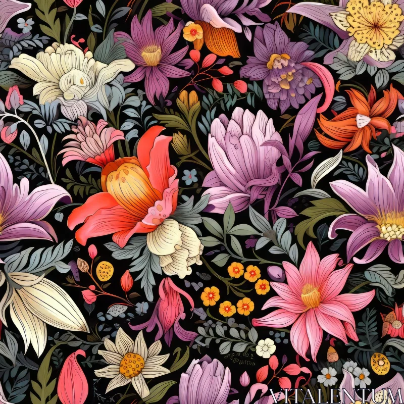 Colorful Floral Pattern on Dark Background AI Image