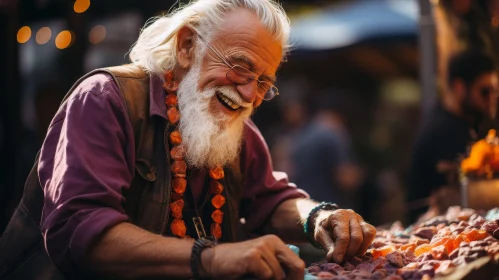 Elderly Man Portrait with Amber Stones
