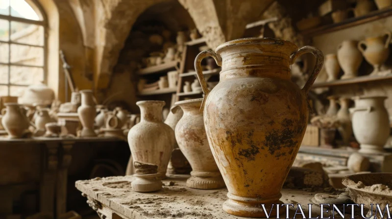 Enchanting Pottery Workshop: An Artistic Display of Clay Pots and Jars AI Image