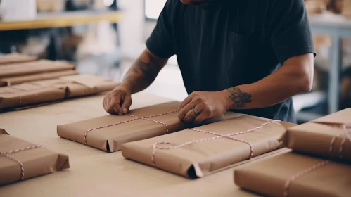 Man Packing Brown Paper Package with Pink Rope