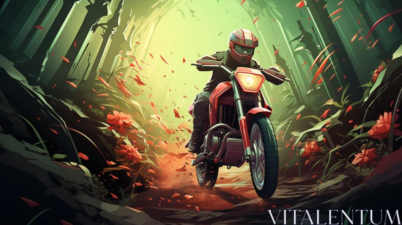 AI ART Man Riding Motorcycle Through Forest