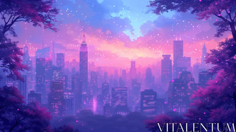 AI ART Night City Skyline - Serene Purple Urban Scene