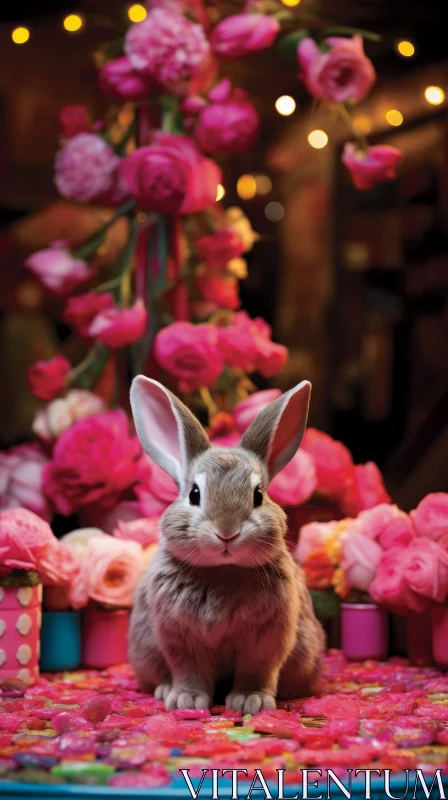 Nighttime Portraiture of Bunny Amidst Vibrant Flowers AI Image