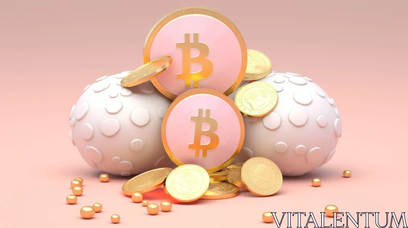 AI ART Pink and Gold Bitcoin Coin on Easter Eggs