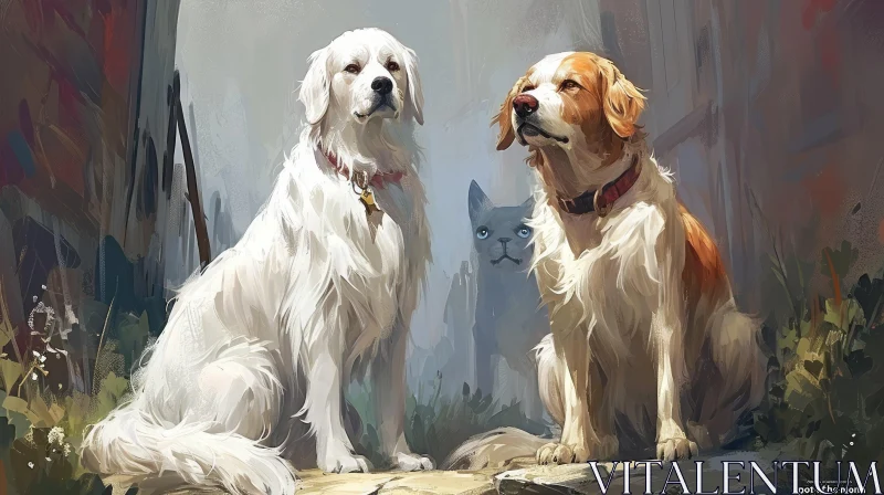 Realistic Painting of Dogs and Cat on a Rock AI Image