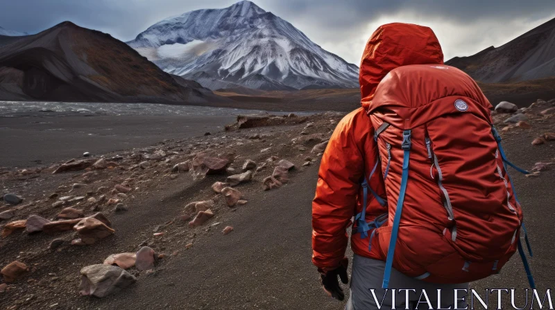 Red Jacket Person on Rocky Field Facing Snow-Capped Mountain AI Image