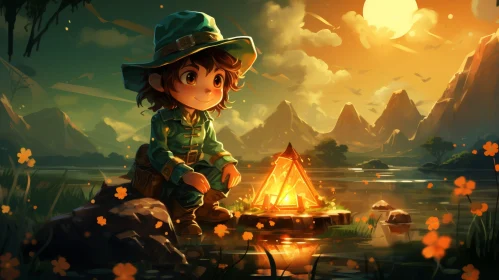 Scenic Lake Landscape with Boy by Campfire at Sunset