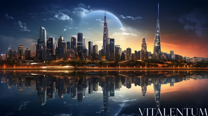 Serene Futuristic Cityscape with Moon and Starry Sky AI Image